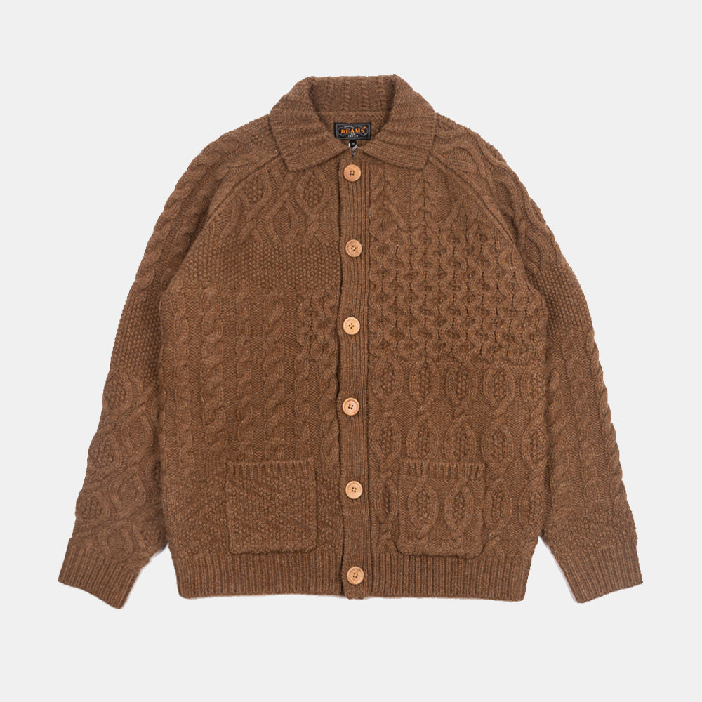 Beams+ Cardigan Alan Patchwork Brown 3815-0149