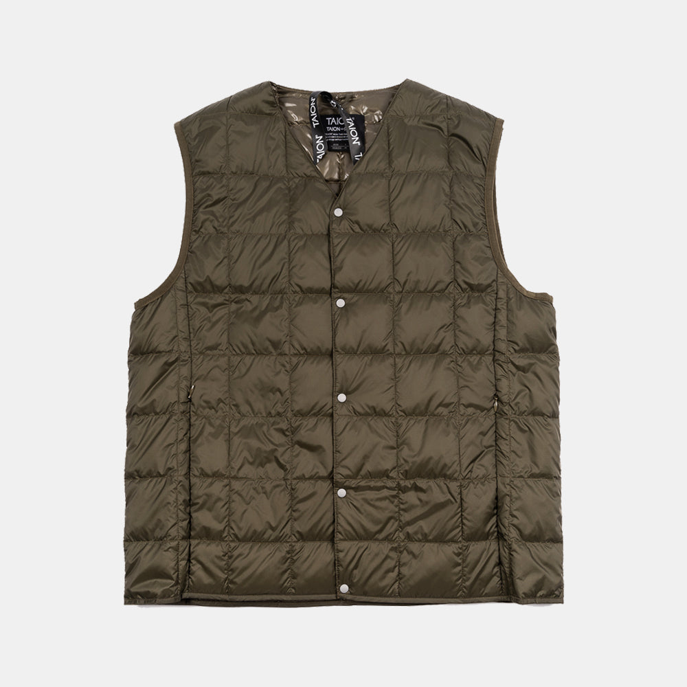 Taion V Neck Button Down Vest Dark Olive Taion-001